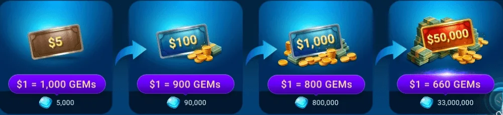 Gems to cash exchange rates in Ocean Rewards